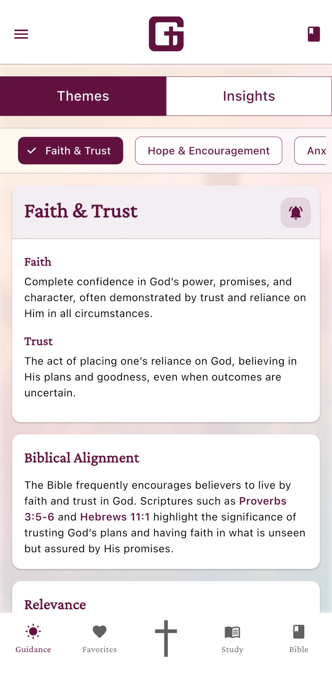Guidance screen showing life themes in Graeya