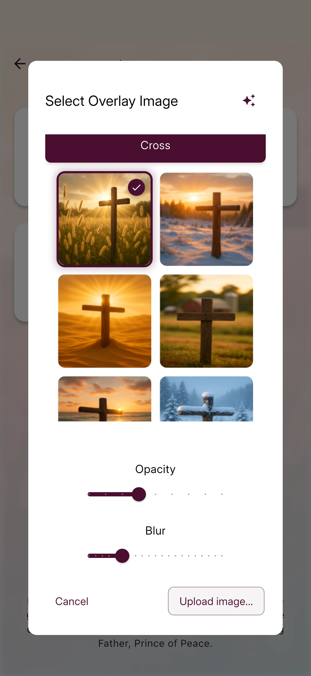 App menu showing background customization