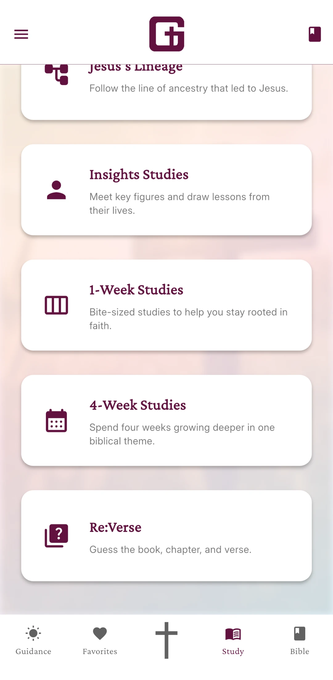 Studies screen showing multi-week study options
