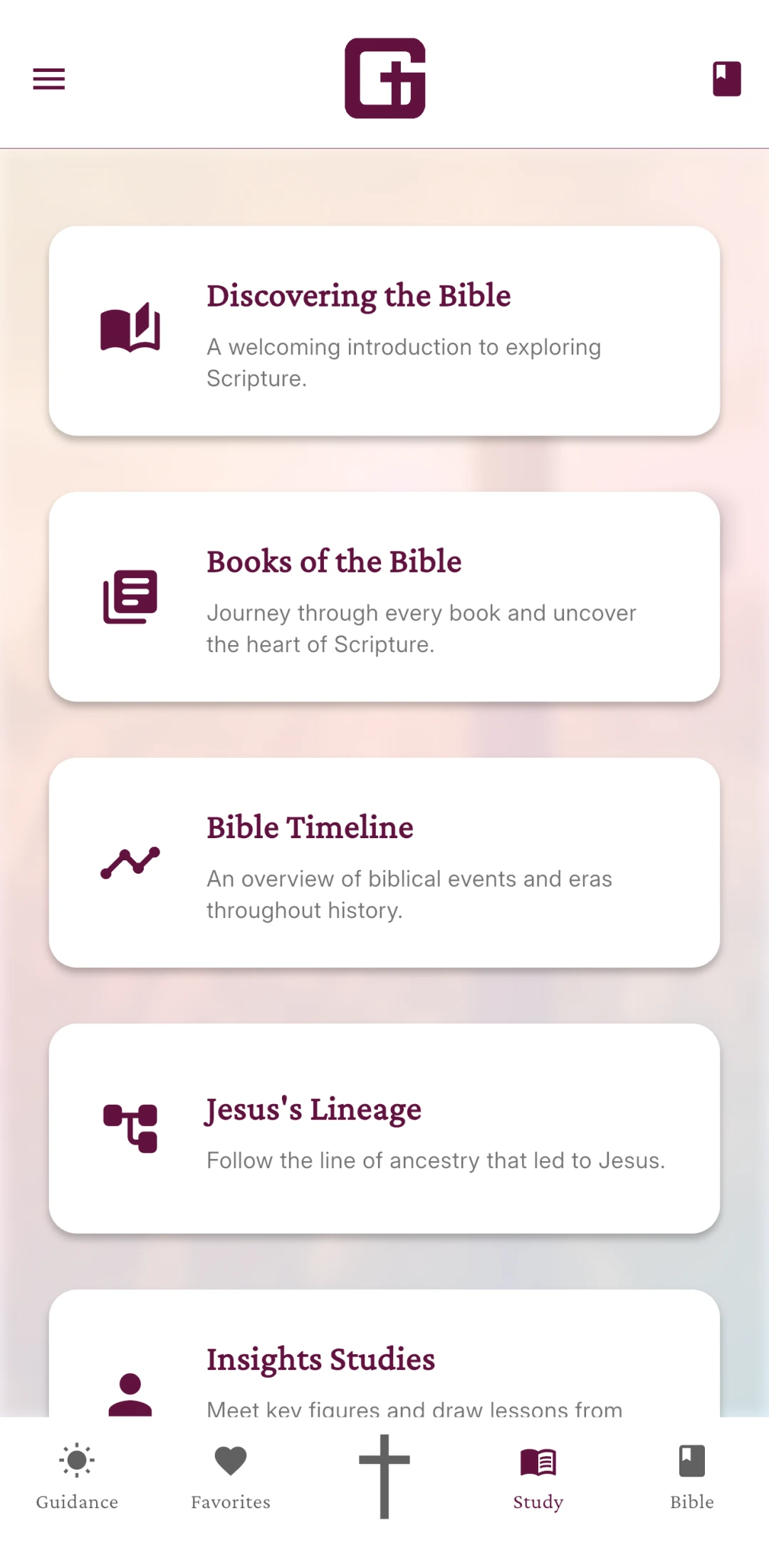 Studies screen showing introductory Bible content